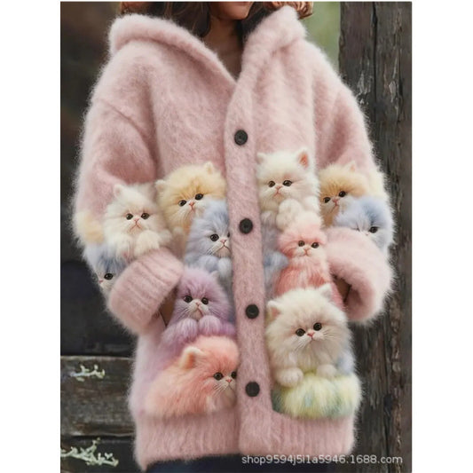 New Cat Animal 3D Printed Casual Hooded Cape Jacket Cardigan