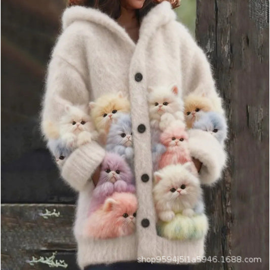 New Cat Animal 3D Printed Casual Hooded Cape Jacket Cardigan